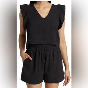 •3 DOTS•BLACK MILEY 2-PIECE SET HI-RISE SHORT & CAP RUFFLE SLEEVE TOP SIZE SMALL